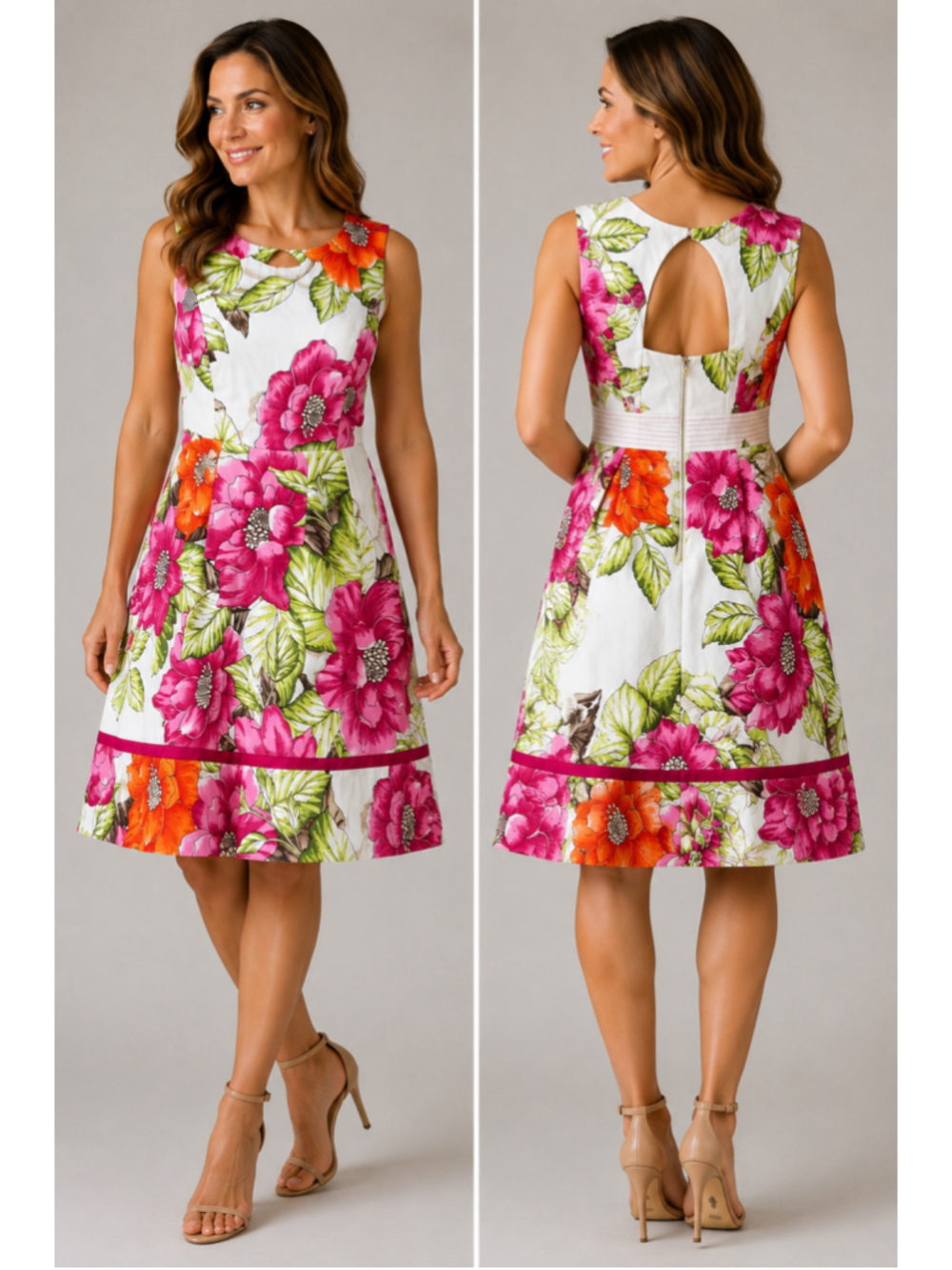 Women's Unbranded Floral Midi Dress, White and Pink